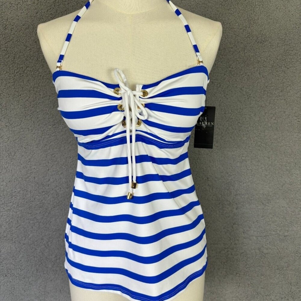 Ralph Lauren Women's Port Stripe Lace Front Bandini Top Blue/White 10 NWT's.